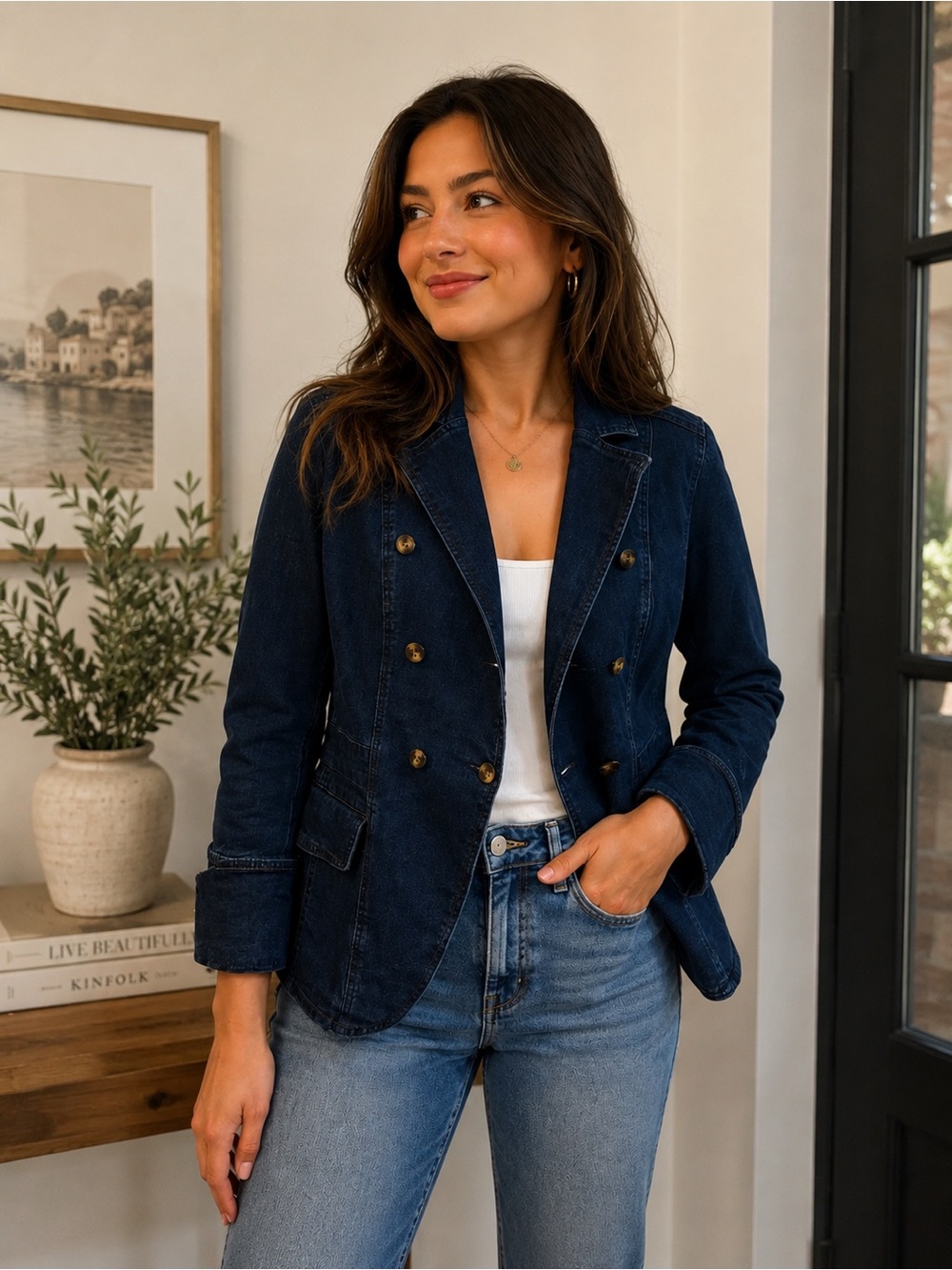 Allegra K Navy Double-Breasted Denim Blazer